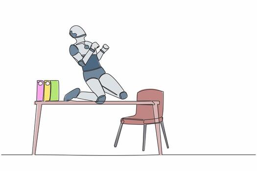 Single continuous line happy robot kneeling with celebrating goal pose on table desk. Future technology. Artificial intelligence machine learning process. One line design vector graphic illustration