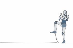 Continuous one line drawing happy robot standing with raised one leg and doing yes gesture. Humanoid cybernetic organism. Future robot development. Single line draw graphic design vector illustration