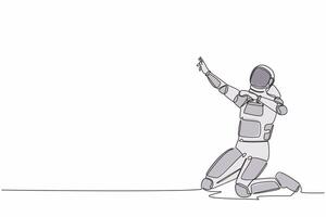 Single one line drawing happy astronaut kneeling with celebrating goal pose. Successful spaceship business project. Cosmic galaxy space concept. Continuous line draw graphic design vector illustration