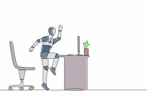 Single continuous line happy robot jumping and dancing on his workplace, computer desk. Celebrating success. Artificial intelligence machine learning process. One line draw design vector illustration