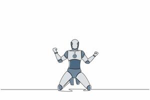 Continuous one line drawing of happy robot kneeling with both hands yes gesture, celebrating success. Humanoid cybernetic organism. Future robotic. Single line draw graphic design vector illustration