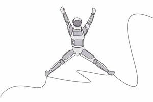 Continuous one line drawing happy astronaut jumping with raised his arms and legs. Successful in spaceship business project. Cosmonaut outer space. Single line draw graphic design vector illustration