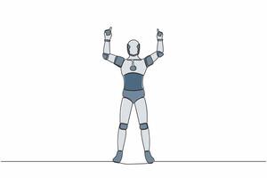 Single continuous line happy robot standing with both hands pointing index fingers up. Celebrate win. Artificial intelligence machine learning process. One line draw design vector graphic illustration