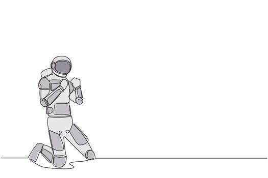 Single continuous line drawing happy astronaut kneeling with both hands yes gesture. Success spacecraft exploration goal target. Cosmonaut deep space. One line draw graphic design vector illustration
