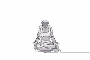 Single continuous line drawing happy astronaut sitting with yoga pose, meditation. Relaxed spaceman after galactic exploration. Cosmonaut deep space. One line draw graphic design vector illustration