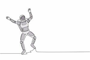Single one line drawing happy astronaut jumping with both hands raised. Successful in launching spacecraft rocket project. Cosmic galaxy space. Continuous line draw graphic design vector illustration