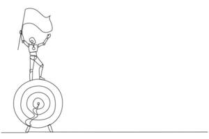 Single one line drawing of robotic artificial intelligence standing on giant arrow target board holding fluttering flag. Train the robot become entrepreneur. Continuous line graphic illustration vector