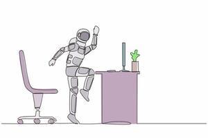 Single continuous line drawing happy astronaut jumping and dancing on his computer desk. Celebrating success space exploration. Cosmonaut deep space. One line draw graphic design vector illustration