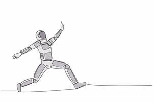 Single continuous line drawing happy astronaut jumping with spread both leg and raise one hand. Celebrating successful spaceship mission. Cosmonaut deep space. One line draw design vector illustration