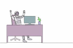 Single one line drawing happy astronaut sitting with raised hands near desk computer. Successful launch spaceship rocket. Cosmic galaxy space. Continuous line draw graphic design vector illustration