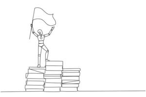 Single one line drawing of robotic artificial intelligence standing on giant piles of paper document holding fluttering flag. Future technology development. Continuous line design graphic illustration vector