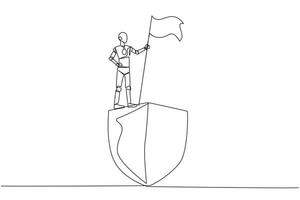 Continuous one line drawing of robotics standing on giant shield holding fluttering flag. Celebration of network security robot intelligence. Future robots. Single line draw design vector illustration