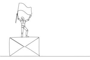 Single one line drawing of robotic artificial intelligence standing on giant email icon holding fluttering flag. Concept robots reply to emails. Chatbots. Continuous line design graphic illustration vector