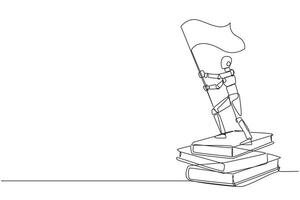 Continuous one line drawing robots standing on stacks of giant books holding flag. Artificial intelligence can make robot to read the book about business. Single line draw design vector illustration