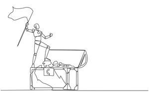 soltero uno línea dibujo robots en pie en gigante abierto tesoro cofre participación bandera. robot con artificial inteligencia tener éxito a encontrar dorado moneda. futuro. continuo línea diseño gráfico ilustración vector