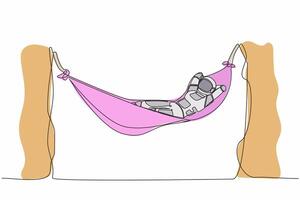 Continuous one line drawing of happy astronaut lying and sleeping in hammock. Vacation and recreation after space expedition. Cosmonaut outer space. Single line draw graphic design vector illustration