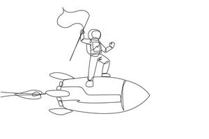 Single one line drawing young energetic astronaut standing on flying rocket through the sky holding fluttering flag. Space travel to the moon. Cosmonaut. Continuous line design graphic illustration vector