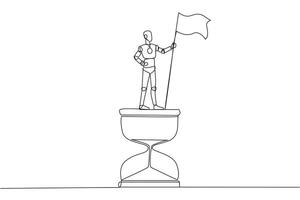 Single one line drawing of robotic artificial intelligence standing on giant hourglass holding fluttering flag. Future technology robot development concept. Continuous line design graphic illustration vector