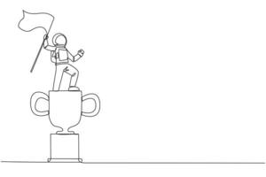 Continuous one line drawing energetic astronaut standing on giant trophy holding fluttering flag. Reward for successfully landing back on earth. Cosmonaut. Single line draw design vector illustration