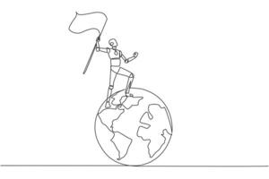 Single continuous line drawing of robotic artificial intelligence standing on giant globe holding flag. Future technology development. Metaphor of conquering world. One line design vector illustration