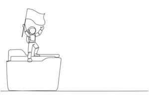 Single continuous line drawing young energetic astronaut standing on giant folder icon holding fluttering flag. Archiving expedition files to be used as a journal. One line design vector illustration