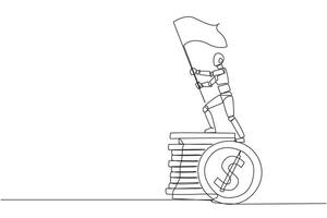 Single continuous line drawing of robotic artificial intelligence standing on giant stack of coins holding fluttering flag. Future technology robot development. One line design vector illustration