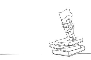 Continuous one line drawing young astronaut standing on stack of giant books holding fluttering flag. Collect scientific journals as a guide during space expeditions. Single line draw design vector