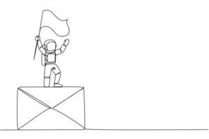 Single one line drawing young astronaut standing on giant email icon holding fluttering flag. Received an email from the team on earth to quickly complete expedition. Continuous line design graphic vector