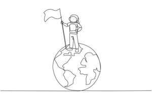 Continuous one line drawing energetic astronaut standing on giant globe holding fluttering flag. Cosmonaut outer space successfully landed safely to earth. Single line draw design vector illustration