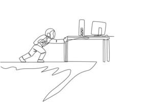 Single one line drawing angry astronaut shoves a desk containing a laptop and monitor over the edge of a cliff. Do not want to make an expedition report. Continuous line design graphic illustration vector