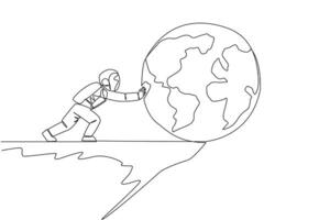 Continuous one line drawing astronaut pushes giant globe over the edge of cliff. Astronaut defeats earth's gravity. The concept of tough man in outer space. Single line draw design vector illustration