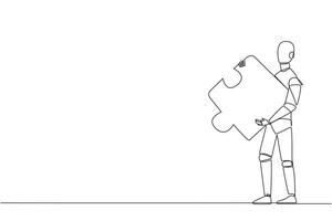 Single one line drawing of walking robot carries puzzle pieces. Strong teamwork concept. Robotic artificial intelligence. Future technology development concept. Continuous line graphic illustration vector