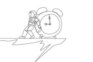 Single continuous line drawing astronaut pushed a giant alarm clock down with his back from the edge of the cliff. Tough man in outer space. Cosmonaut deep space. One line design vector illustration