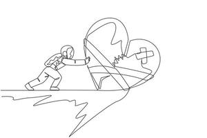 Single continuous line drawing astronaut pushing broken heart from the edge of the abyss. Regardless of injuries, teamwork is paramount during expeditions. Cosmic. One line design vector illustration