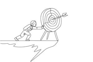 Continuous one line drawing astronaut pushes giant arrow board target over the edge of a cliff. Disturbance during the expedition. Not focus. Aero spaceman. Single line draw design vector illustration