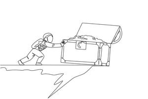 Single one line drawing astronaut pushes giant open treasure chest over the edge of cliff. Tough man in outer space. Cosmic galaxy space concept. Spaceman. Continuous line design graphic illustration vector