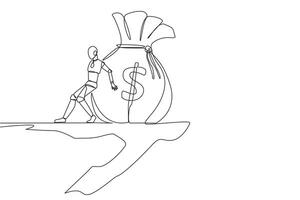 Single continuous line drawing robot pushes the large money bag down with its back from the edge of cliff. Rich robots spending money. Future technology concept. One line design vector illustration