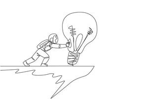 Single continuous line drawing astronaut pushes a large lightbulb over the edge of a cliff. Dropping brilliant ideas fell into a steep abyss. Spontaneity. Spaceman. One line design vector illustration