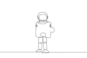 Single one line drawing young energetic astronaut brought puzzle piece and placed it in front of his chest. Deep space farming astronaut concept. Spaceman. Continuous line design graphic illustration vector