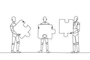 Single one line drawing three robots each carrying three puzzle pieces. Teamwork of robots putting the puzzle together. Artificial intelligence development. Continuous line design graphic illustration vector