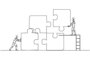 Single continuous line drawing two robots teamwork to put together a square puzzle, one of them climbs ladder holding up a piece of the puzzle. Future technology. One line design vector illustration