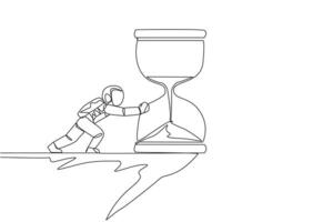 Single continuous line drawing astronaut pushes giant hourglass over the edge of a cliff. Without a deadline, the expedition on the lunar surface was extended. One line design vector illustration