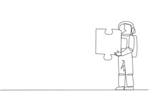 Continuous one line drawing young energetic astronaut holding a puzzle piece. Looking for other for teamwork to find other pieces. Cosmonaut outer space. Single line draw design vector illustration