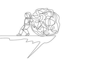 Continuous one line drawing astronaut pushed giant tangled circle down with his back from the edge of the cliff. Eliminate anxiety and stress to focus on expeditions. Single line draw design vector