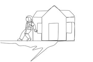 Single one line drawing astronaut pushed miniature house down with his back from the edge of cliff. The concept of tough man in outer space. Galaxy space. Continuous line design graphic illustration vector