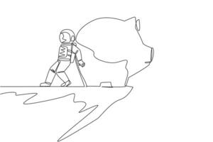 Single continuous line drawing astronaut pushed giant piggy bank down with his back from the edge of the cliff. Failed to save, the piggy bank is always empty. One line design vector illustration