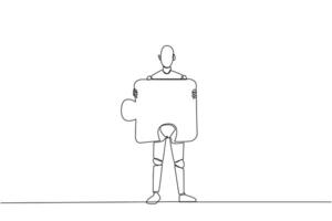 Single continuous line drawing robotic artificial intelligence brought puzzle piece and placed it in front of chest. Teamwork brings one piece each. Future tech. One line design vector illustration