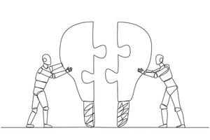 Single one line drawing two robot pushing two lightbulb-shaped puzzle pieces. Metaphor brings together two ideas. Teamwork of two future robots. AI tech. Continuous line design graphic illustration vector