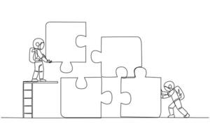 Continuous one line drawing two astronauts teamwork to put together a square puzzle, one of them climbs ladder holding up a piece of the puzzle. Cosmic. Single line draw design vector illustration