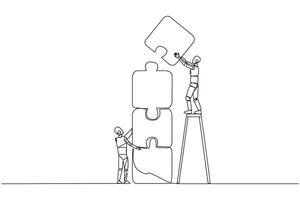 Continuous one line drawing two robots putting together a puzzle. One of the two climbs up the ladder to make a puzzle arrangement of four. Teamwork robots. Single line draw design vector illustration